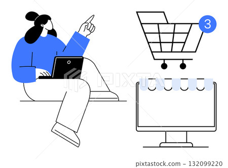 Woman with laptop pointing upward, shopping cart with notification, desktop monitor with scroll and notebook section. Ideal for e-commerce, online shopping, notifications, technology, digital 132099220