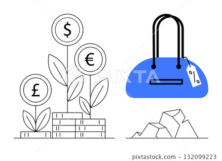 Stacked coins with growing plants featuring global currency symbols dollar, euro, pound alongside blue shopping bag with a price tag and geometric shapes. Ideal for business, finance, commerce Stacked coins with growing plants featuring global currency symbols dollar, euro, pound alongside blue shopping bag with a price tag and geometric shapes. Ideal for business, finance, commerce 132099223