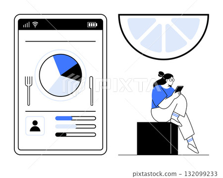 Digital diet tracker app interface with pie chart, utensils, and user details. Woman using smartphone to monitor health data. Ideal for wellness, nutrition, apps, healthcare, technology data Digital diet tracker app interface with pie chart, utensils, and user details. Woman using smartphone to monitor health data. Ideal for wellness, nutrition, apps, healthcare, technology data 132099233