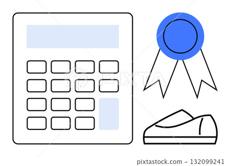 Calculator, award ribbon, and shoe showcasing elements of business efficiency and achievement. Ideal for business strategy, finance, corporate success, achievement, productivity, organizational Calculator, award ribbon, and shoe showcasing elements of business efficiency and achievement. Ideal for business strategy, finance, corporate success, achievement, productivity, organizational 132099241
