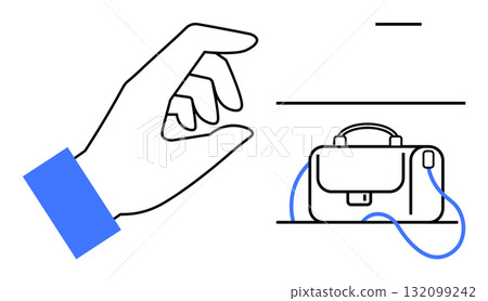 Hand approaching a briefcase connected to a charging cable, signifying modern professional life. Ideal for business, technology integration, mobile work, productivity, digital nomads, work-life 132099242