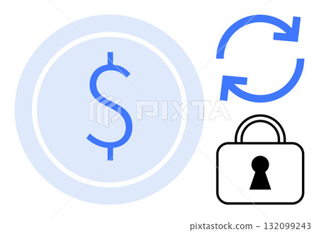 Blue dollar sign inside a light blue circle, circular arrows indicating refresh or exchange, and a padlock symbolizing security. Ideal for finance, banking, cybersecurity, online transactions Blue dollar sign inside a light blue circle, circular arrows indicating refresh or exchange, and a padlock symbolizing security. Ideal for finance, banking, cybersecurity, online transactions 132099243