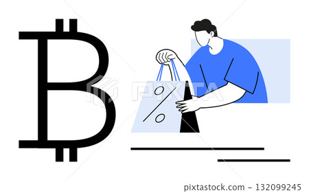 Person with blue shirt holding a shopping bag marked with a discount symbol, beside a large Bitcoin symbol. Ideal for depicting cryptocurrency shopping, e-commerce, discounts, fintech, digital 132099245