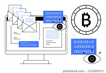 Computer monitor with emails, binary code, Bitcoin symbol, and surveillance symbols represented graphically. Ideal for cybersecurity, email protection, data security, cryptocurrency, digital privacy 132099253
