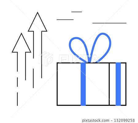 Wrapped gift with blue ribbon beside three ascending arrows. Ideal for growth, progress, success, achievement, rewards, celebrations, and motivation. Line metaphor 132099258