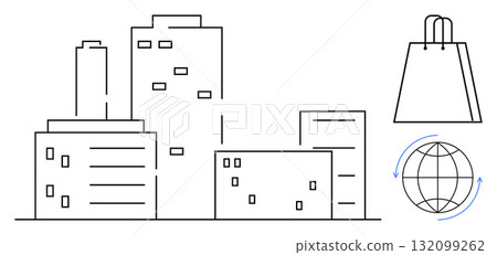Buildings representing urban cityscape, shopping bag, and globe with arrows symbolizing commerce. Ideal for urban development, online shopping, global trade, real estate, business growth, e-commerce 132099262