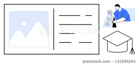 Shopping bags and person carrying them, image placeholder with text lines, and graduation cap. Ideal for online shopping, e-commerce, retail, education, student discounts, promotional events digital 132099265