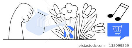 Hand watering flowers with can, dropping blue water. Music note and shopping cart icons. Ideal for gardening, music, e-commerce, home activities, hobbies, lifestyle, and environmental care. Line Hand watering flowers with can, dropping blue water. Music note and shopping cart icons. Ideal for gardening, music, e-commerce, home activities, hobbies, lifestyle, and environmental care. Line 132099269