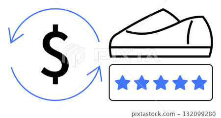 Shoe with five-star rating next to dollar sign with circular arrows indicating financial success and customer satisfaction. Ideal for business growth, customer reviews, product quality, e-commerce Shoe with five-star rating next to dollar sign with circular arrows indicating financial success and customer satisfaction. Ideal for business growth, customer reviews, product quality, e-commerce 132099280