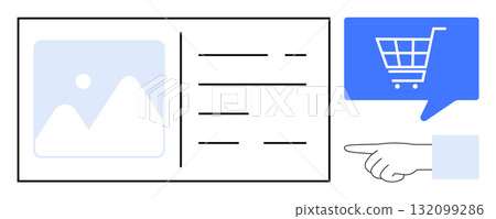 Product listing with image, text details, hand pointing to blue speech bubble containing shopping cart icon. Ideal for e-commerce, retail, web design concepts, online shopping tutorials, digital Product listing with image, text details, hand pointing to blue speech bubble containing shopping cart icon. Ideal for e-commerce, retail, web design concepts, online shopping tutorials, digital 132099286