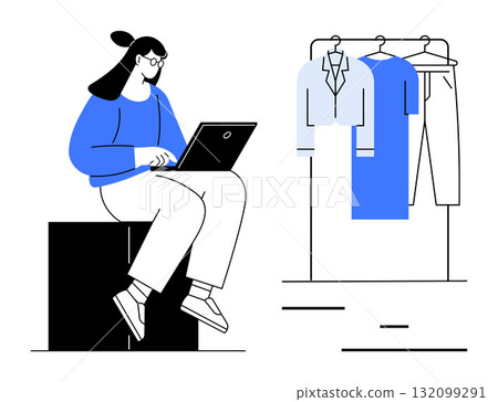 Woman sitting on a box working on a laptop with clothing rack displaying shirts and pants. Ideal for online shopping, fashion design, e-commerce, remote work, technology and retail themes. Line Woman sitting on a box working on a laptop with clothing rack displaying shirts and pants. Ideal for online shopping, fashion design, e-commerce, remote work, technology and retail themes. Line 132099291