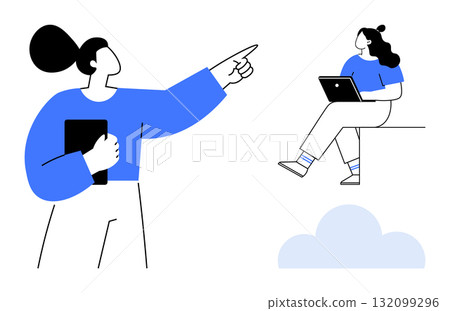 Person standing and pointing while holding a tablet, another sitting with a laptop. Ideal for teamwork, collaboration, technology, remote work, digital innovation, education, and cloud computing Person standing and pointing while holding a tablet, another sitting with a laptop. Ideal for teamwork, collaboration, technology, remote work, digital innovation, education, and cloud computing 132099296