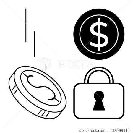 Currency symbols, a coin, and a padlock convey financial security and stability. Ideal for finance, banking, investments, digital security, online transactions savings cryptocurrency. Line metaphor 132099313