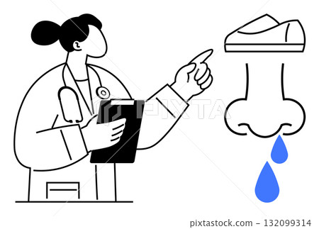 Doctor with clipboard pointing at a nose with blue droplets symbolizing a runny nose. Ideal for medical, healthcare, allergies, sinus issues, diagnostics, patient care, educational content. Line 132099314