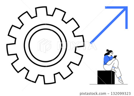 Woman sitting on block using tablet, large gear, and upward arrow. Ideal for technology, business growth, productivity, innovation, development planning progress. Line metaphor 132099323