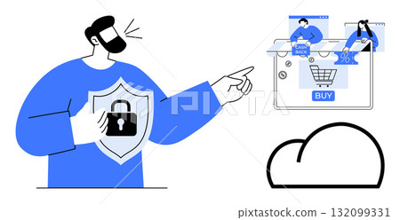 Man holds shield with lock, points at online shopping cart, discount offers, and cashback inside a cloud. Ideal for online security, e-commerce, digital marketing, data protection, cybersecurity Man holds shield with lock, points at online shopping cart, discount offers, and cashback inside a cloud. Ideal for online security, e-commerce, digital marketing, data protection, cybersecurity 132099331