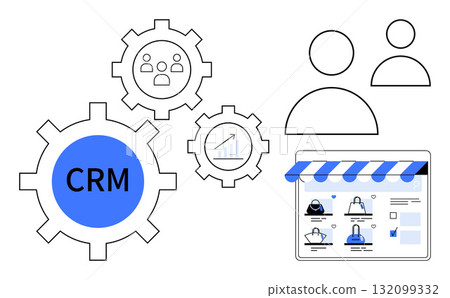 CRM gears interconnected with e-commerce storefront, user icons, and growth chart. Ideal for CRM tools, e-commerce management, online business growth, customer engagement, sales strategies, business CRM gears interconnected with e-commerce storefront, user icons, and growth chart. Ideal for CRM tools, e-commerce management, online business growth, customer engagement, sales strategies, business 132099332