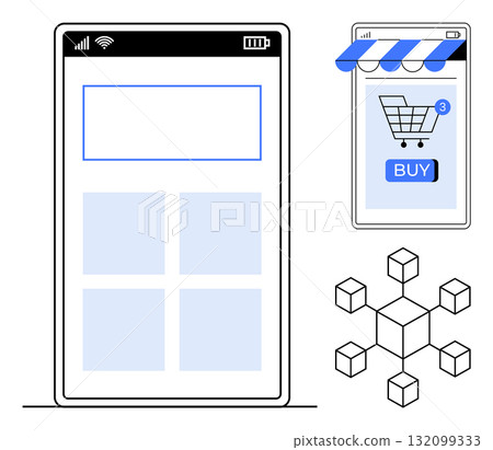 Two smartphone screens, one with a blank interface and the other with a shopping cart icon, combine with a network of interconnected cubes. Ideal for e-commerce, app development, technology, digital Two smartphone screens, one with a blank interface and the other with a shopping cart icon, combine with a network of interconnected cubes. Ideal for e-commerce, app development, technology, digital 132099333