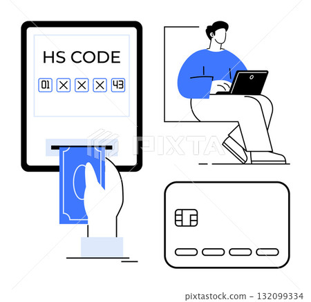 Person using laptop, hand inserting money into slot under HS code on screen, payment card. Ideal for finance, online transactions, coding, e-commerce, banking security digital payments. Line Person using laptop, hand inserting money into slot under HS code on screen, payment card. Ideal for finance, online transactions, coding, e-commerce, banking security digital payments. Line 132099334