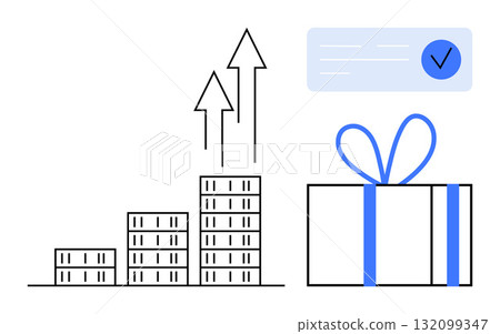 Bar chart with upward arrows indicating growth, large gift box symbolizing rewards, and a check mark. Ideal for business success, incentives, goals, marketing strategies, financial growth, rewards 132099347