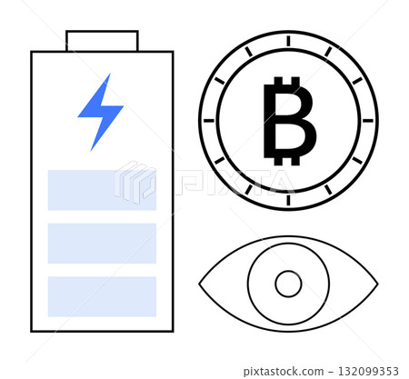Battery with a blue lightning bolt, Bitcoin symbol in a coin, and an eye icon. Ideal for technology, cryptocurrency, energy efficiency, fintech, digital finance, surveillance, innovation. Line Battery with a blue lightning bolt, Bitcoin symbol in a coin, and an eye icon. Ideal for technology, cryptocurrency, energy efficiency, fintech, digital finance, surveillance, innovation. Line 132099353