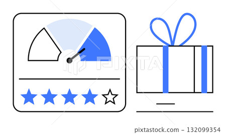 Speedometer gauge with needle, star rating system, and present gift box. Ideal for customer feedback, satisfaction, quality control, loyalty programs, user experience, service awards and rewards Speedometer gauge with needle, star rating system, and present gift box. Ideal for customer feedback, satisfaction, quality control, loyalty programs, user experience, service awards and rewards 132099354