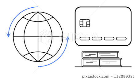 Globe with arrows, credit card, and stack of books emphasize online education and global connectivity. Ideal for e-learning, online transactions, global economy, digital literacy, educational access Globe with arrows, credit card, and stack of books emphasize online education and global connectivity. Ideal for e-learning, online transactions, global economy, digital literacy, educational access 132099355