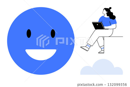 Large blue happy face next to a person sitting on a platform edge using a laptop, accompanied by a cloud symbol. Ideal for digital communication, online learning, social media, positive emotions 132099356