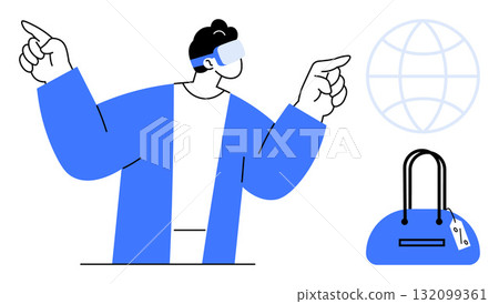 Man in VR headset points at virtual globe while handbag with discount tag. Ideal for technology, shopping, e-commerce, virtual reality, innovation, retail, and futuristic concepts. Line metaphor 132099361