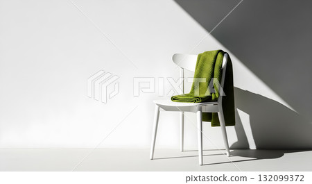 White chair with a green blanket in a minimalist setting. White chair with a green blanket in a minimalist setting. 132099372