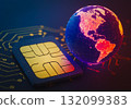 Graphic showing a large sim card next to a 3D miniature of a globe 132099383