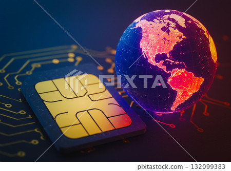 Graphic showing a large sim card next to a 3D miniature of a globe 132099383