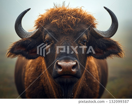 View of a buffalo's head with horns 132099387