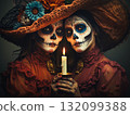 Portrait of two women dressed in traditional Mexican attire for All Saints Day 132099388