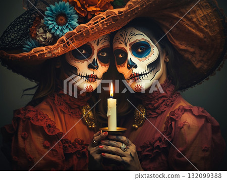 Portrait of two women dressed in traditional Mexican attire for All Saints Day 132099388