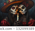 Two women dressed in traditional Mexican costumes for Dia de Muertos 132099389