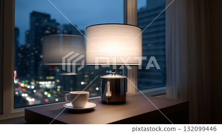 窗前桌面上的檯燈和咖啡杯 132099446