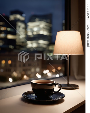 窗前桌面上的檯燈和咖啡杯 132099448