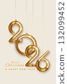 Happy new year 2026 hanging gold numbers. Christmas holiday decoration vertical greeting card design for invitation, calendar, party, golden luxury symbol isolated on antique white background 132099452