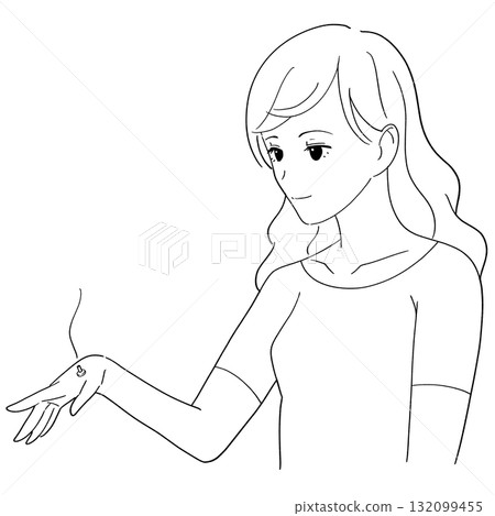 Black and white illustration of a woman applying moxibustion to her hand Black and white illustration of a woman applying moxibustion to her hand 132099455