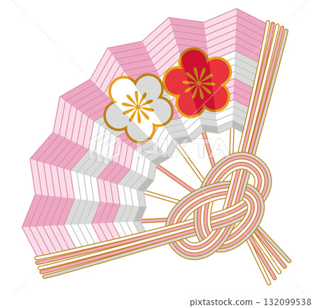 Beautiful Japanese plum pattern folding fan mizuhiki_celebratory New Year decoration vector illustration 132099538