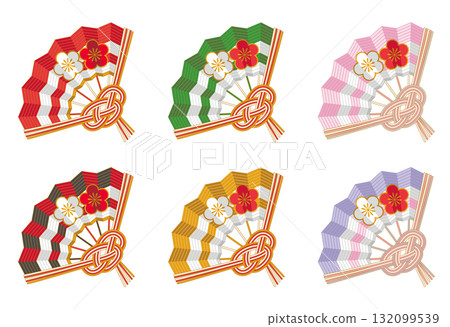 Color variations of plum blossom patterned folding fan mizuhiki - Vector illustration collection for New Year's and Japanese-style designs 132099539