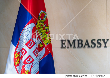 Serbian flag next to an embassy sign, Embassy of the Republic of Serbia in Seoul, South Korea Serbian flag next to an embassy sign, Embassy of the Republic of Serbia in Seoul, South Korea 132099640