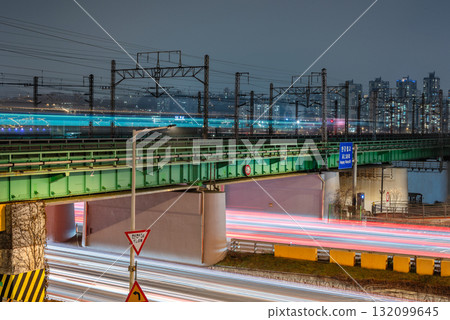 Nighttime Urban Overpass with Light Trails in Seoul, South Korea 132099645