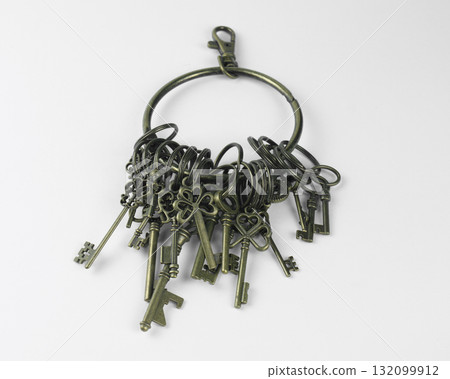Vintage keys on a keyring with unique designs Vintage keys on a keyring with unique designs 132099912