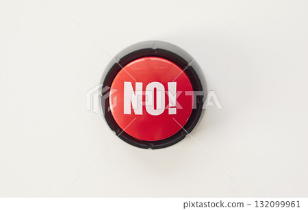 Red round button with inscription No, top view of stop circle key to press and choose answer Red round button with inscription No, top view of stop circle key to press and choose answer 132099961