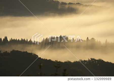 Hiruzen Plateau and sea of clouds on an autumn morning in Okayama Prefecture 132099989