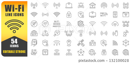 WiFi Line Icon Vector Set. A Collection Of 54 Editable Stroke Icons Depicting Wireless Signals, Routers, Connections, Passwords, And Networks. Perfect For Technology, Communication. Isolated Symbols. WiFi Line Icon Vector Set. A Collection Of 54 Editable Stroke Icons Depicting Wireless Signals, Routers, Connections, Passwords, And Networks. Perfect For Technology, Communication. Isolated Symbols. 132100028