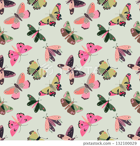 Seamless pattern with beautiful butterflies in pink colors, vector illustration in flat style Seamless pattern with beautiful butterflies in pink colors, vector illustration in flat style 132100029