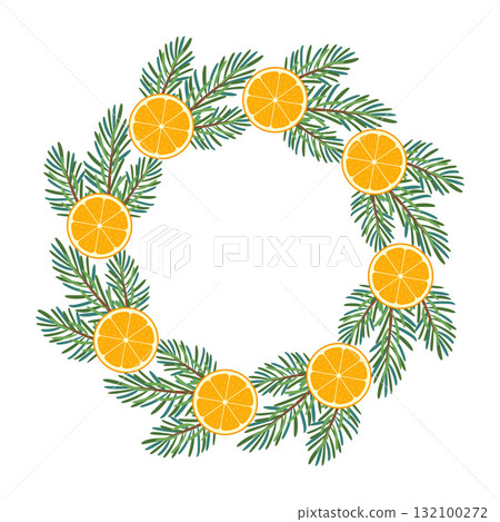 Festive fir wreath with orange slices. New year and Christmas. Simple flat vector design. Festive fir wreath with orange slices. New year and Christmas. Simple flat vector design. 132100272